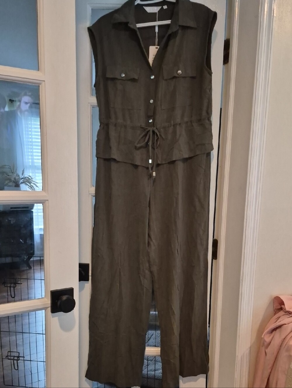 NY Collection Olive Green Sleeveless Utility Jumpsuit Size Large Brand NWT